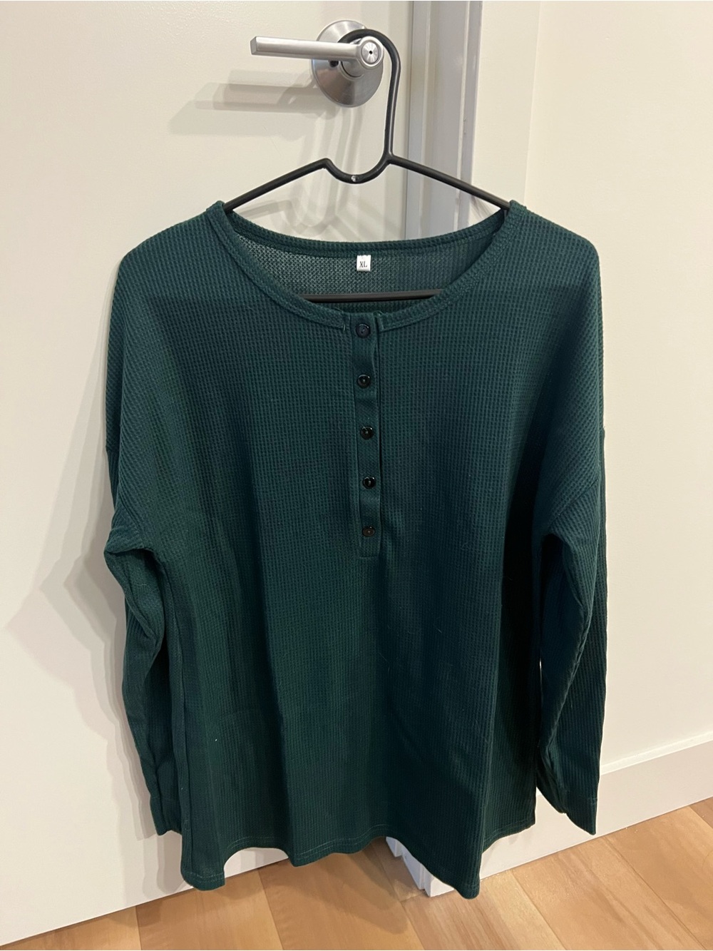 Women's Dark Green Waffle Henley Long Sleeve Top